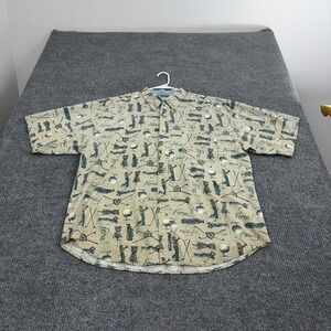 Vintage Bugle Boy Company Button Up‎ Mens XL Tan Cotton Golf Print Casual 90s